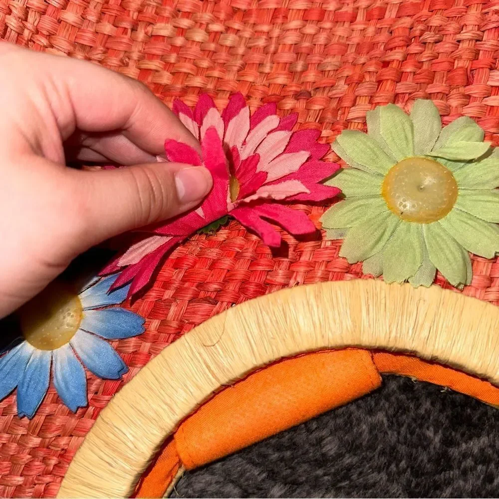 VTG Marld Orange Woven Straw Floral Medium Sz Handbag Bohemian Retro Spring 90s - Picture 8 of 9